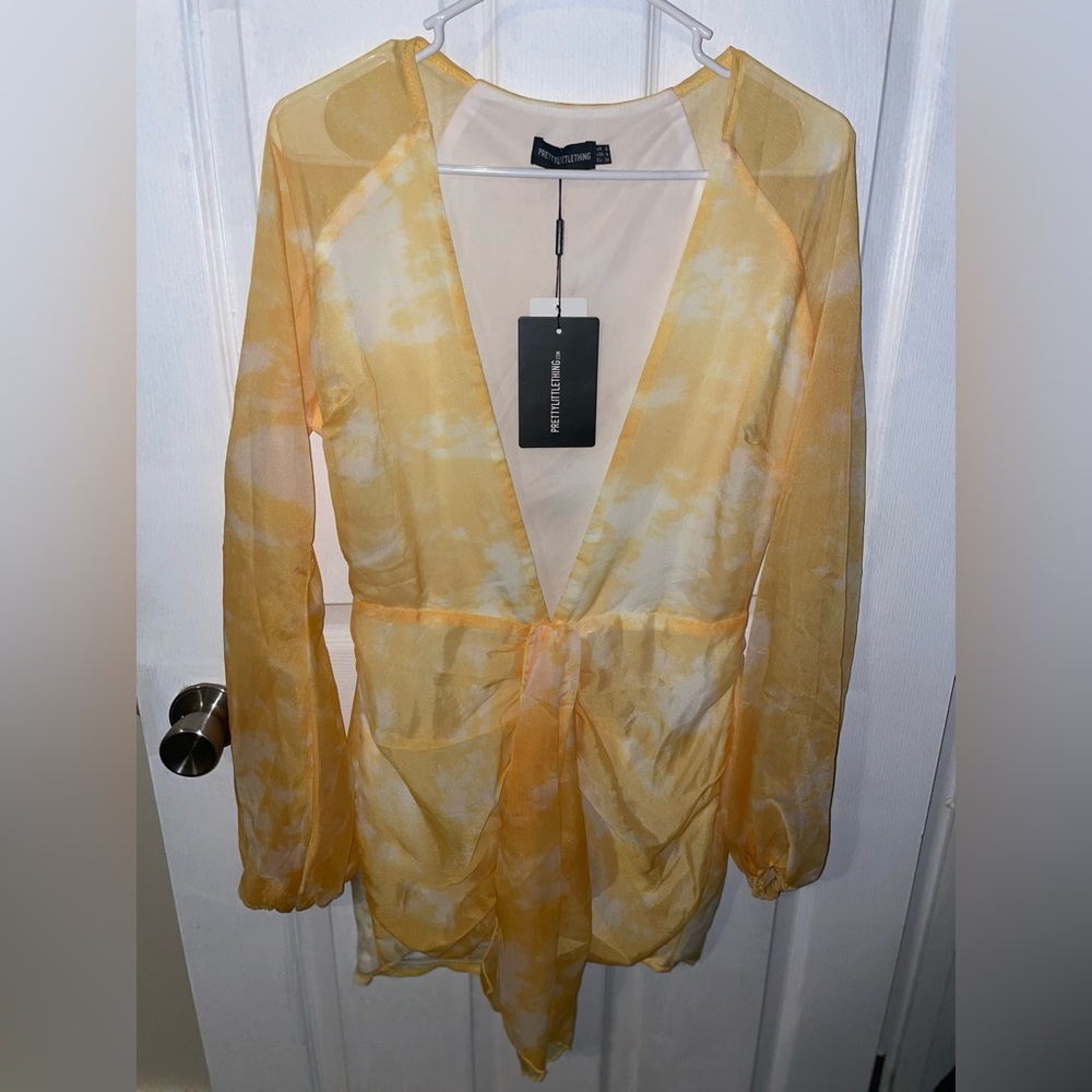 Pretty Little Thing Chiffon Long Sleeve Bodycon Dress Yellow